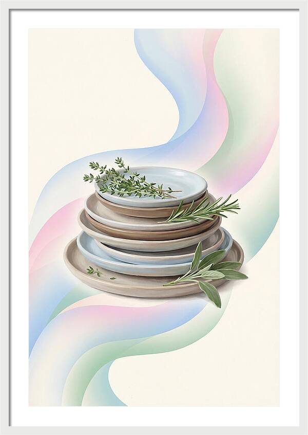 Stacked Stoneware Plates With Herbs