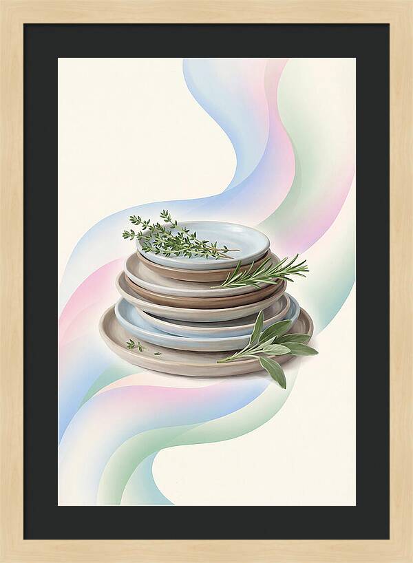 Stacked Stoneware Plates With Herbs