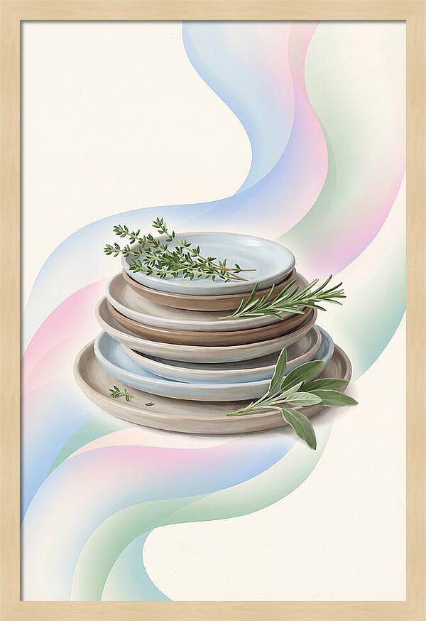 Stacked Stoneware Plates With Herbs
