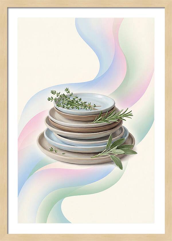 Stacked Stoneware Plates With Herbs