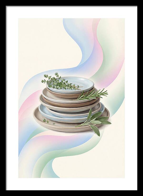 Stacked Stoneware Plates With Herbs