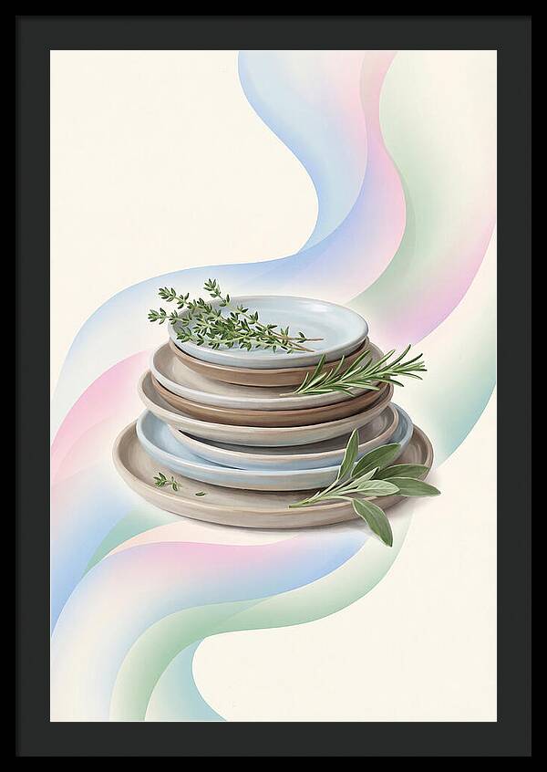 Stacked Stoneware Plates With Herbs
