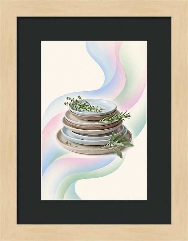 Stacked Stoneware Plates With Herbs