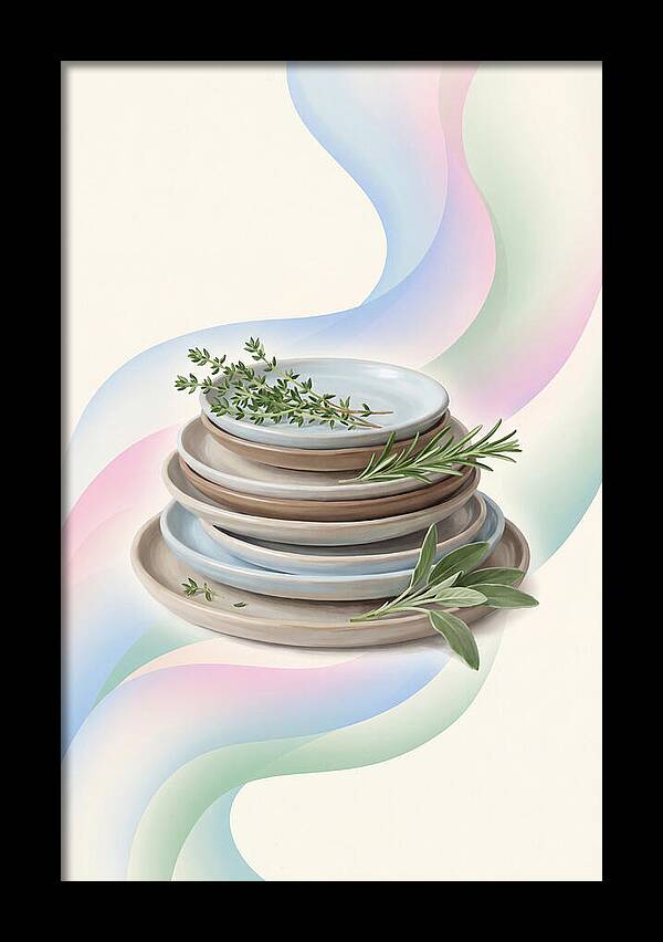 Stacked Stoneware Plates With Herbs