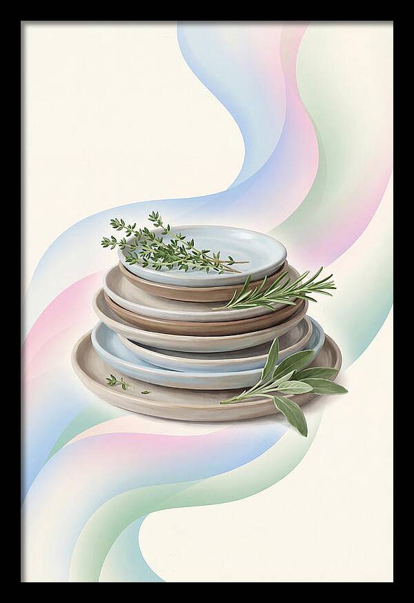 Stacked Stoneware Plates With Herbs