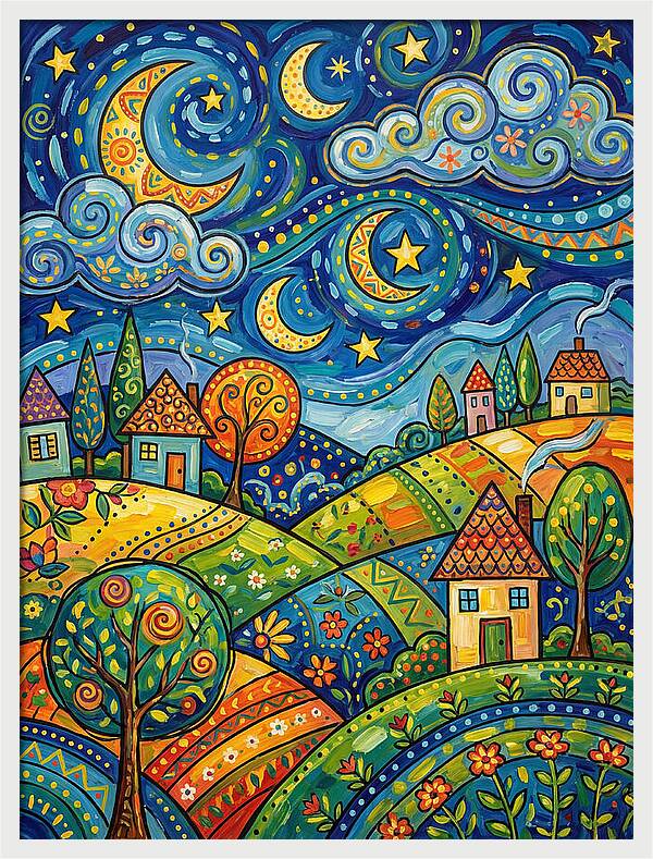 Starry Night Folk Landscape