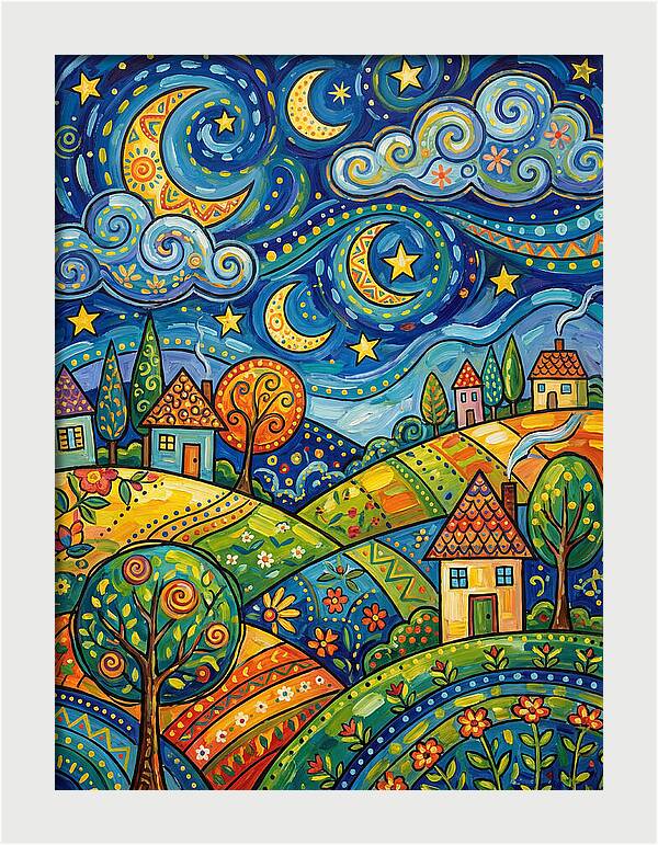 Starry Night Folk Landscape
