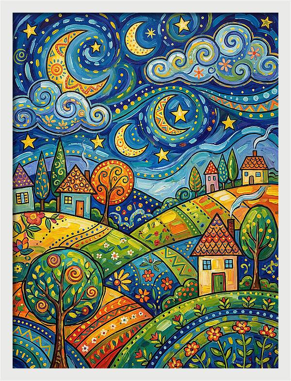 Starry Night Folk Landscape