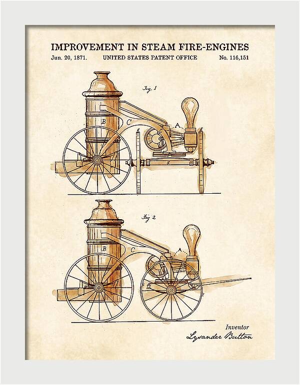 Steam Fire Engine Watercolor Patent Us116151
