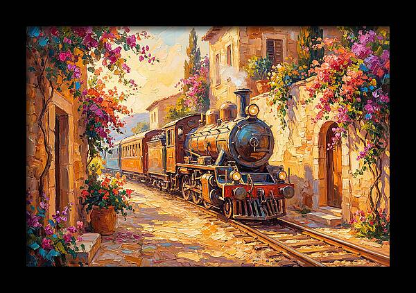 Steam Train Through Mediterranean Village