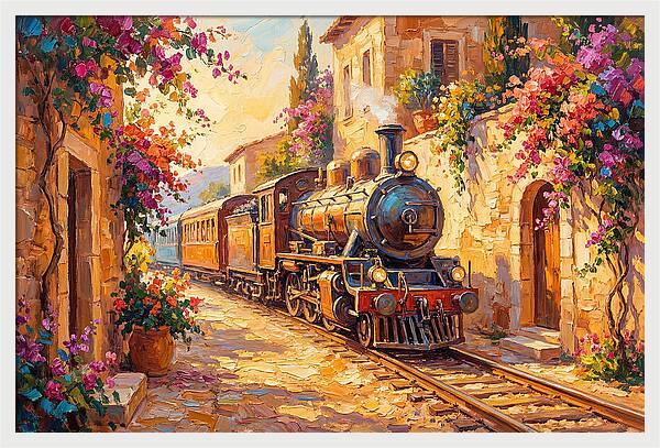 Steam Train Through Mediterranean Village