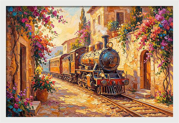Steam Train Through Mediterranean Village