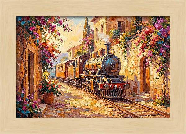 Steam Train Through Mediterranean Village