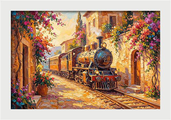 Steam Train Through Mediterranean Village