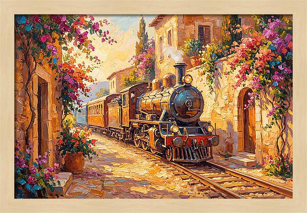 Steam Train Through Mediterranean Village