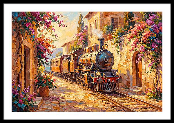 Steam Train Through Mediterranean Village