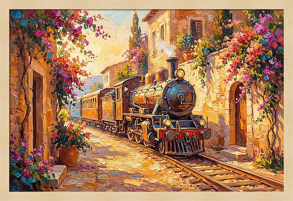 Steam Train Through Mediterranean Village