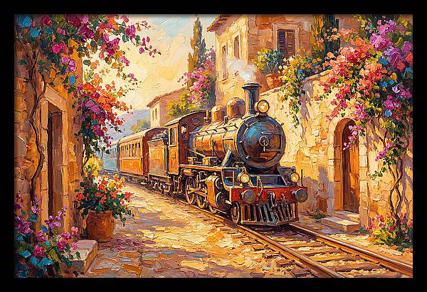 Steam Train Through Mediterranean Village