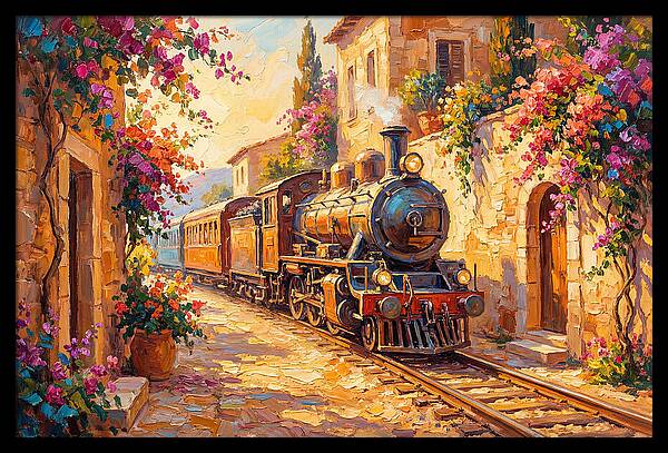 Steam Train Through Mediterranean Village