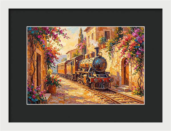 Steam Train Through Mediterranean Village