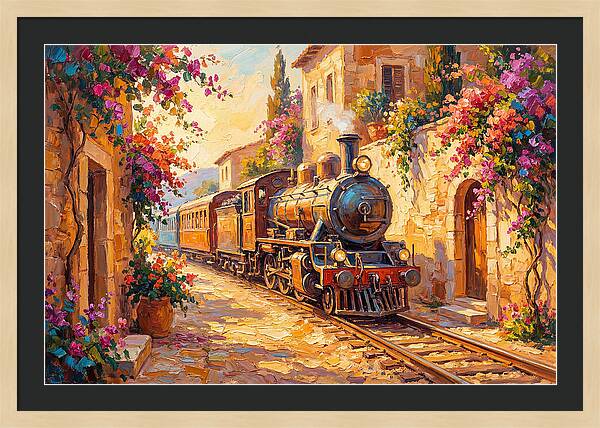 Steam Train Through Mediterranean Village