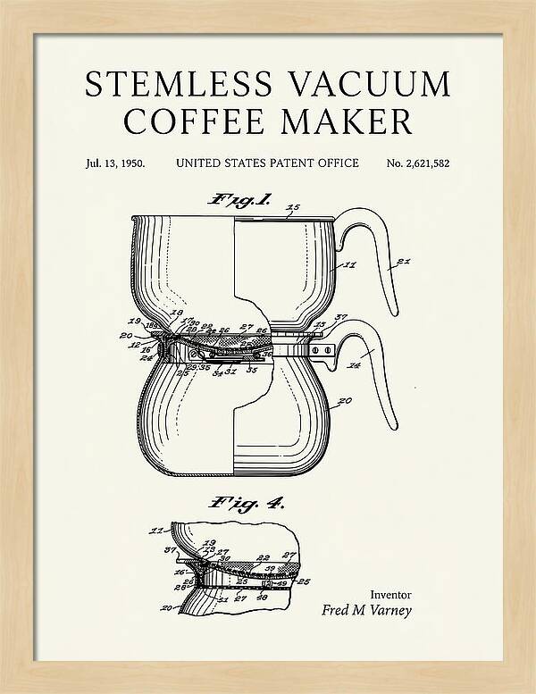Stemless Vacuum Coffee Maker Minimalist Patent Us2621582a