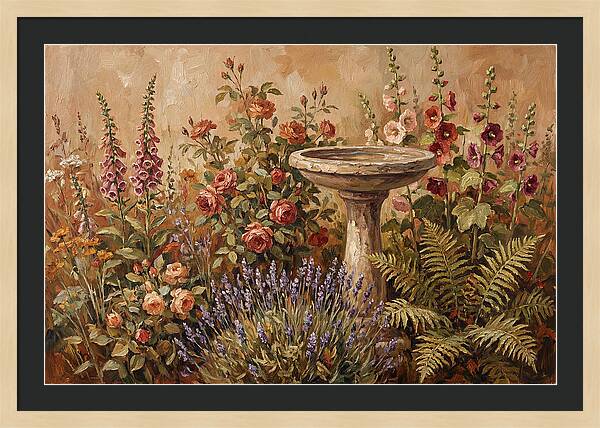 Stone Birdbath Surrounded By Blooms