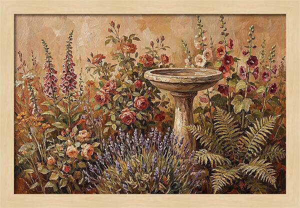Stone Birdbath Surrounded By Blooms