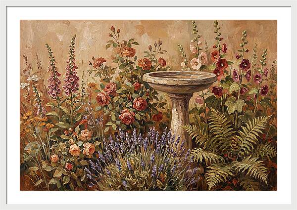 Stone Birdbath Surrounded By Blooms