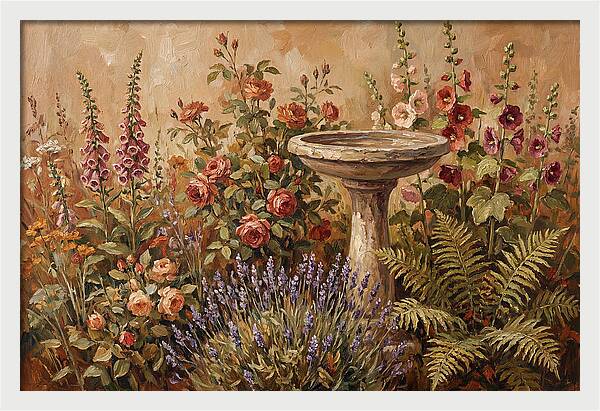 Stone Birdbath Surrounded By Blooms