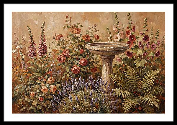Stone Birdbath Surrounded By Blooms