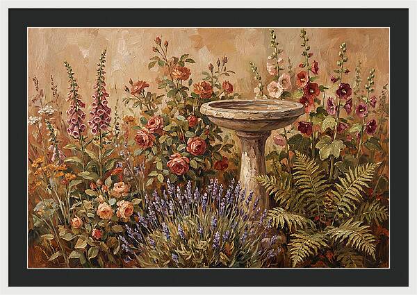 Stone Birdbath Surrounded By Blooms
