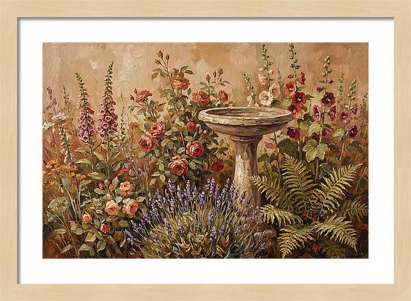 Stone Birdbath Surrounded By Blooms