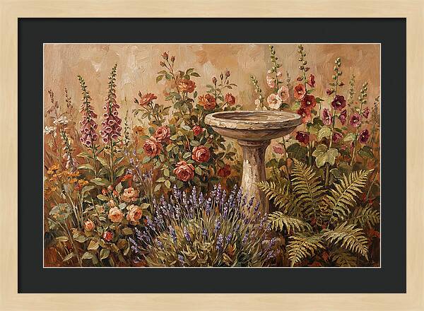Stone Birdbath Surrounded By Blooms