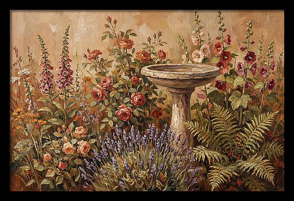 Stone Birdbath Surrounded By Blooms