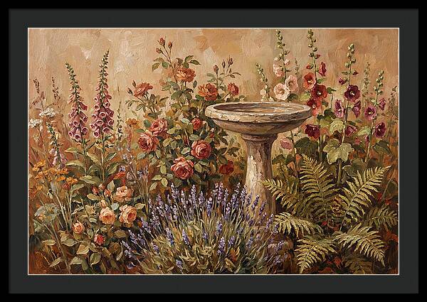 Stone Birdbath Surrounded By Blooms