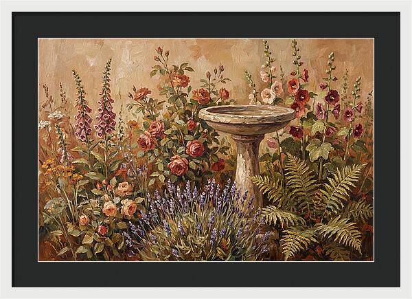 Stone Birdbath Surrounded By Blooms