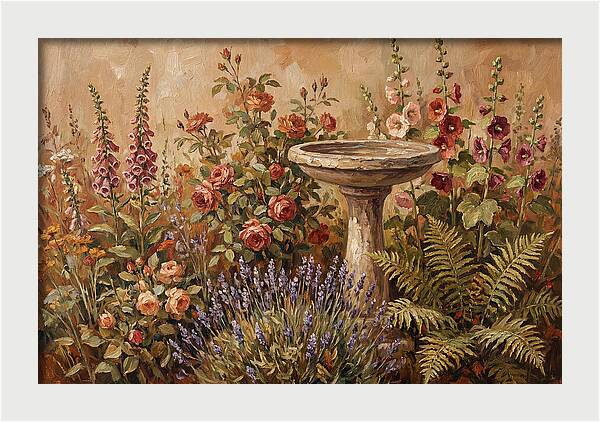 Stone Birdbath Surrounded By Blooms