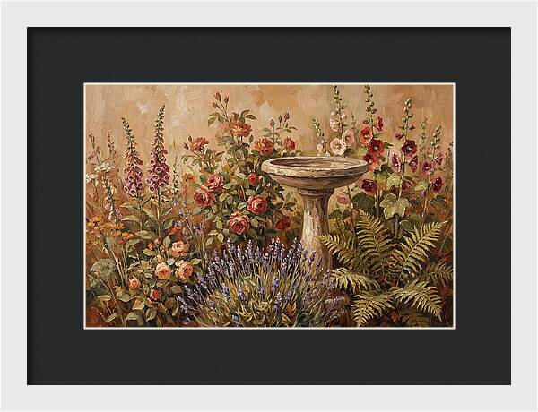 Stone Birdbath Surrounded By Blooms