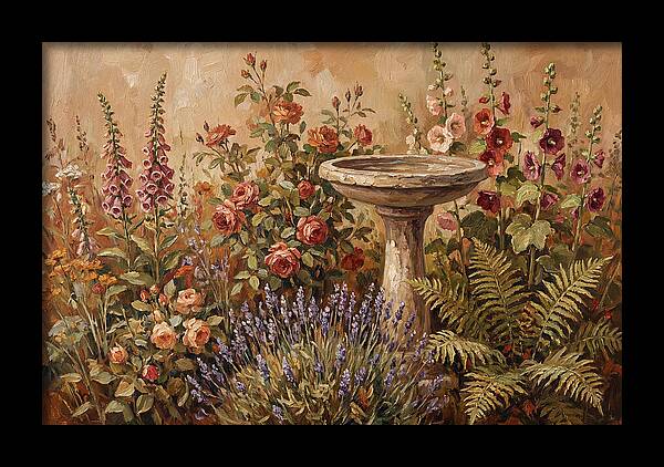 Stone Birdbath Surrounded By Blooms