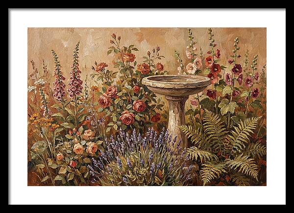 Stone Birdbath Surrounded By Blooms