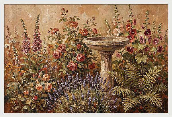 Stone Birdbath Surrounded By Blooms
