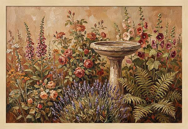 Stone Birdbath Surrounded By Blooms