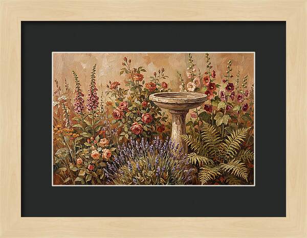 Stone Birdbath Surrounded By Blooms