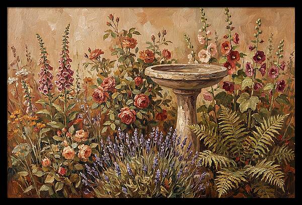 Stone Birdbath Surrounded By Blooms