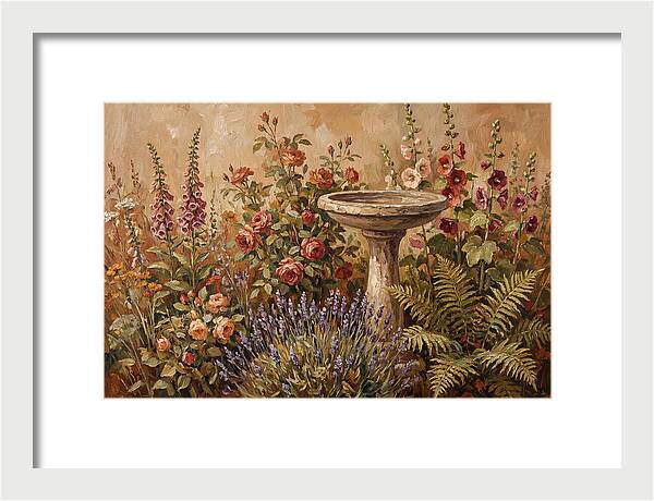 Stone Birdbath Surrounded By Blooms