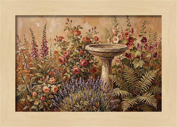Stone Birdbath Surrounded By Blooms