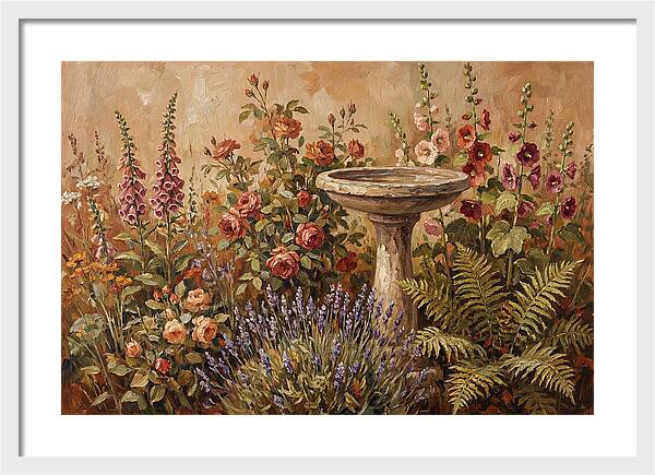 Stone Birdbath Surrounded By Blooms