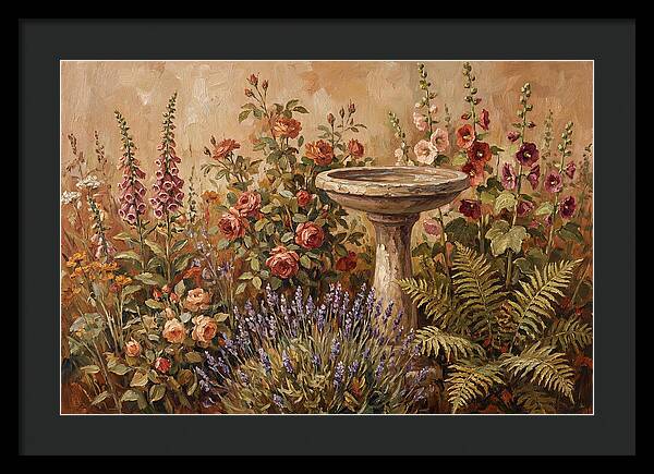 Stone Birdbath Surrounded By Blooms