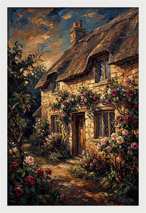 Stone Cottage Framed By Roses